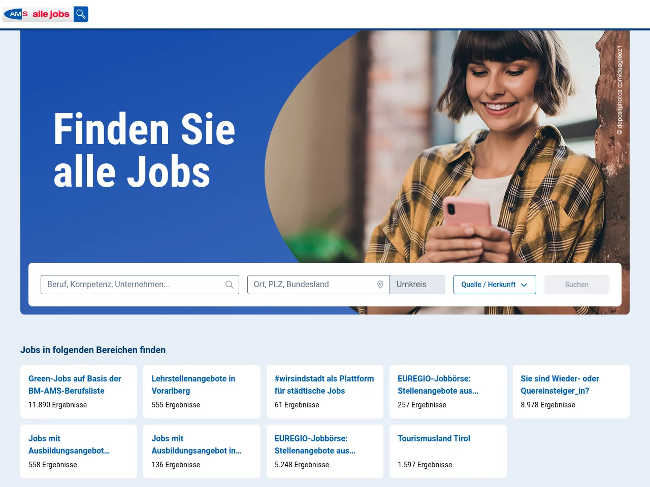 alle jobs - die Stellensuche des AMS job board platform screenshot showing job search interface