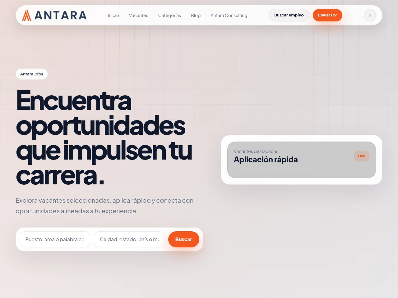 Antara Jobs job board platform screenshot showing job search interface