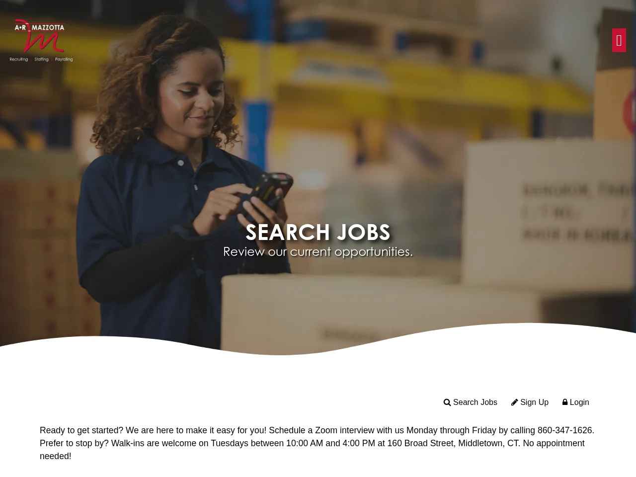 A.R. Mazzotta Employment Specialists job board platform screenshot showing job search interface