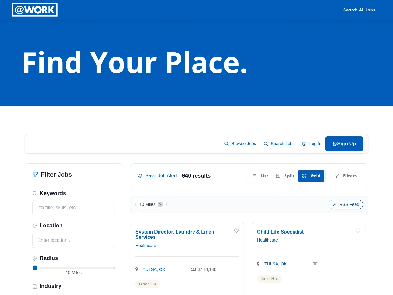 AtWork Group job board platform screenshot showing job search interface