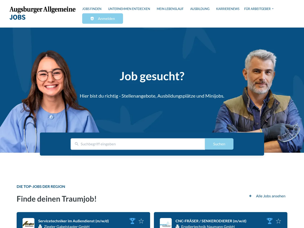 Jobs der Augsburger Allgemeinen job board platform screenshot showing job search interface