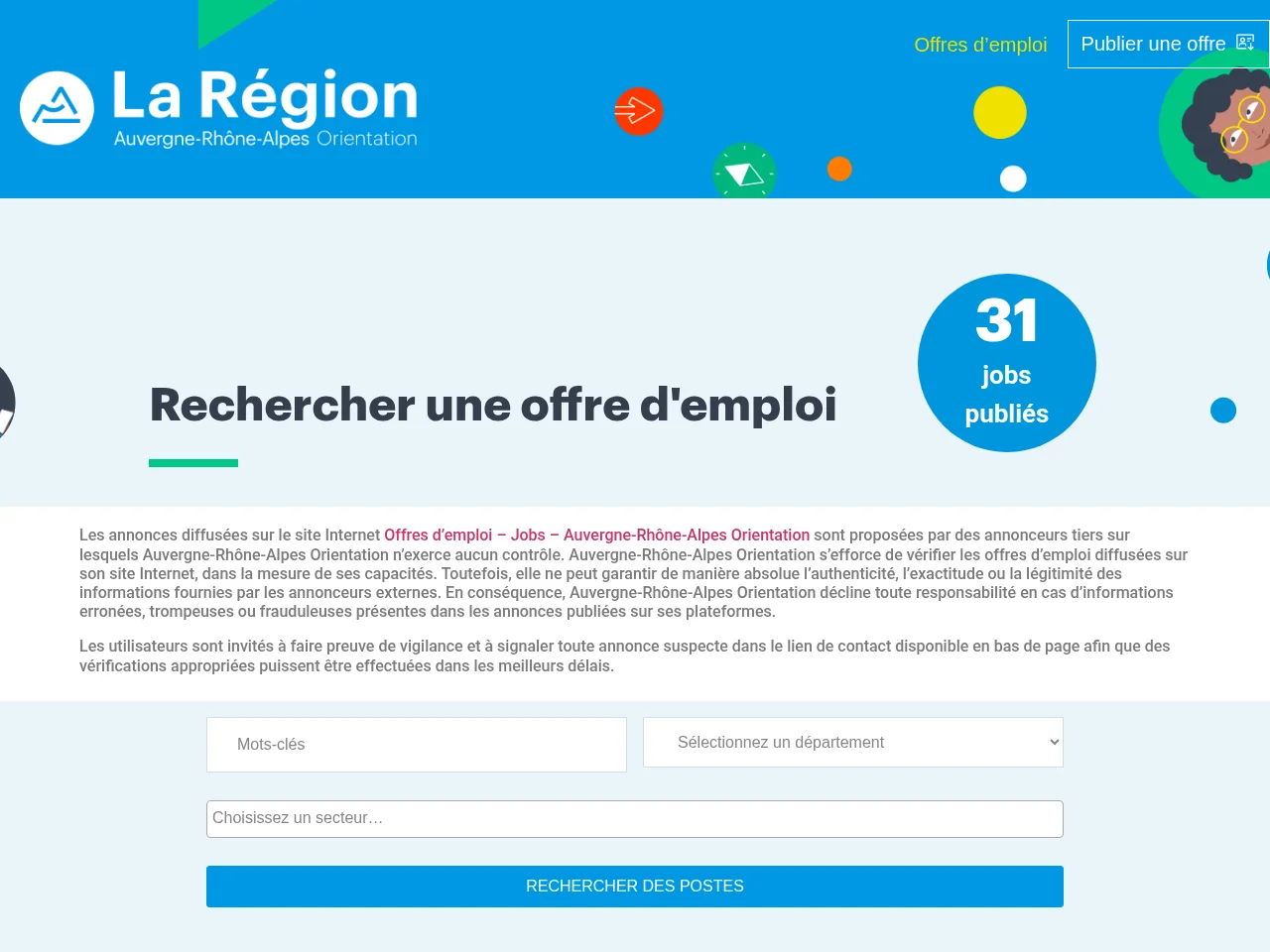 Offres d'emploi - Jobs - Auvergne-Rhône-Alpes Orientation job board platform screenshot showing job search interface