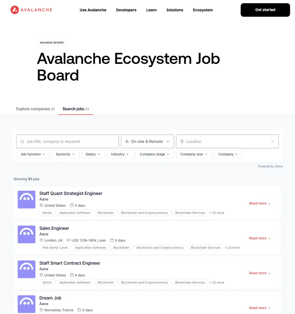 Avalanche Ecosystem Job Board job board platform screenshot showing job search interface
