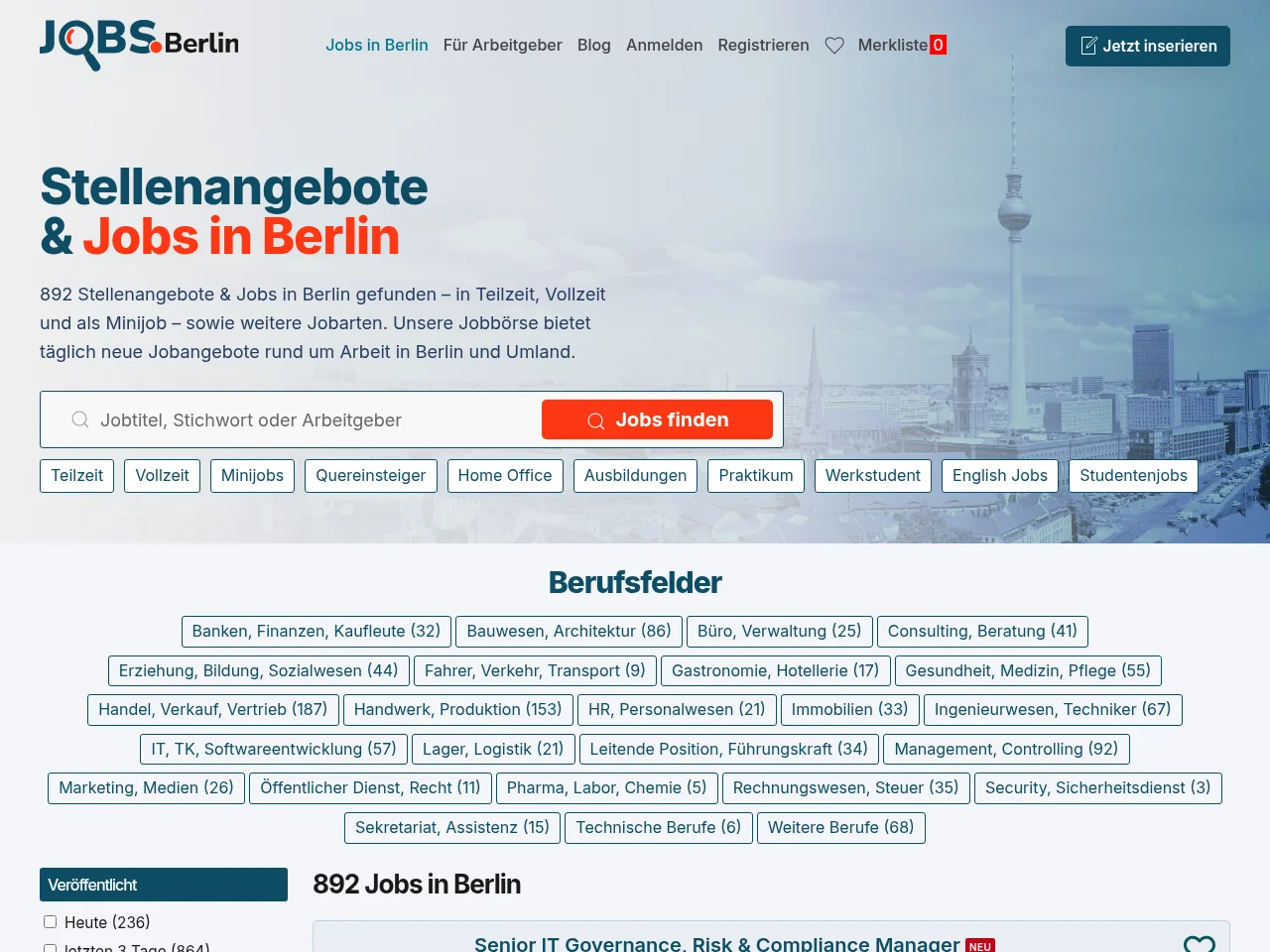Jobs Berlin job board platform screenshot showing job search interface