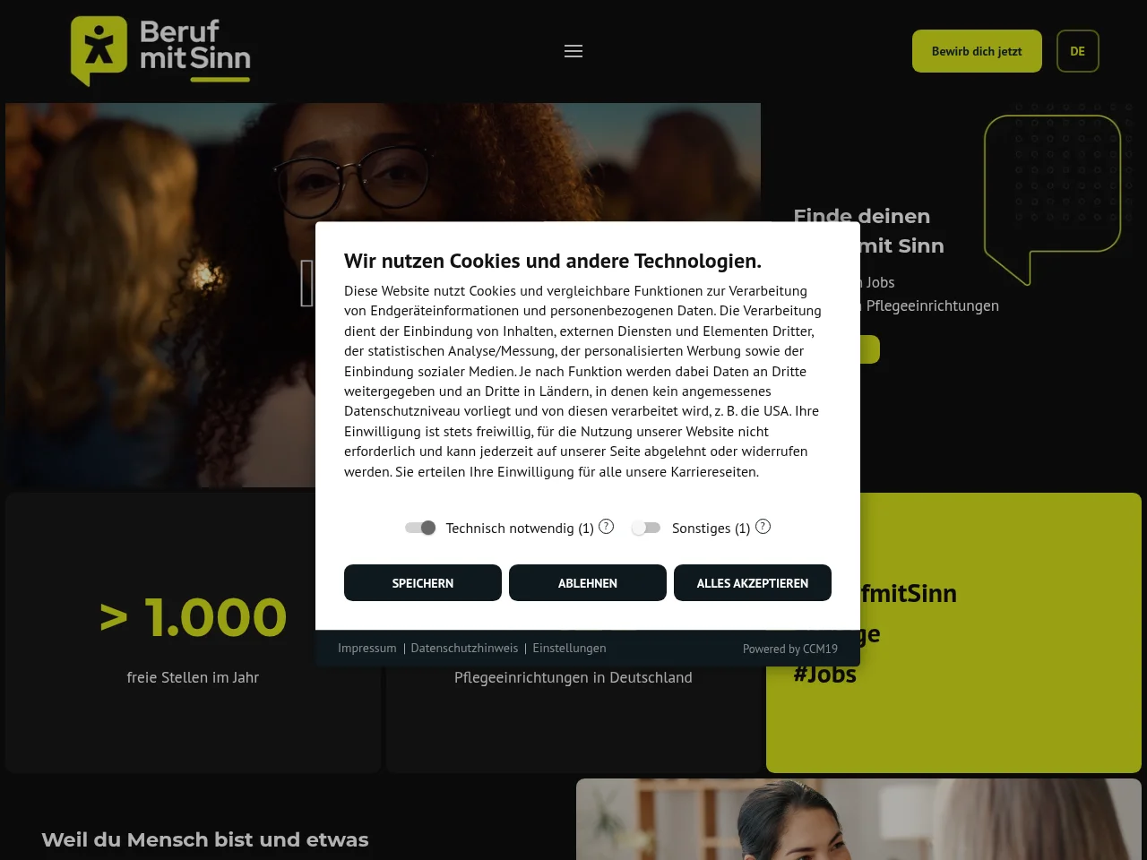 Beruf mit Sinn job board platform screenshot showing job search interface