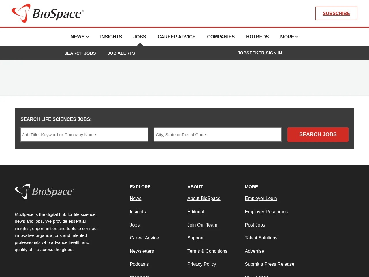 BioSpace job board platform screenshot showing job search interface