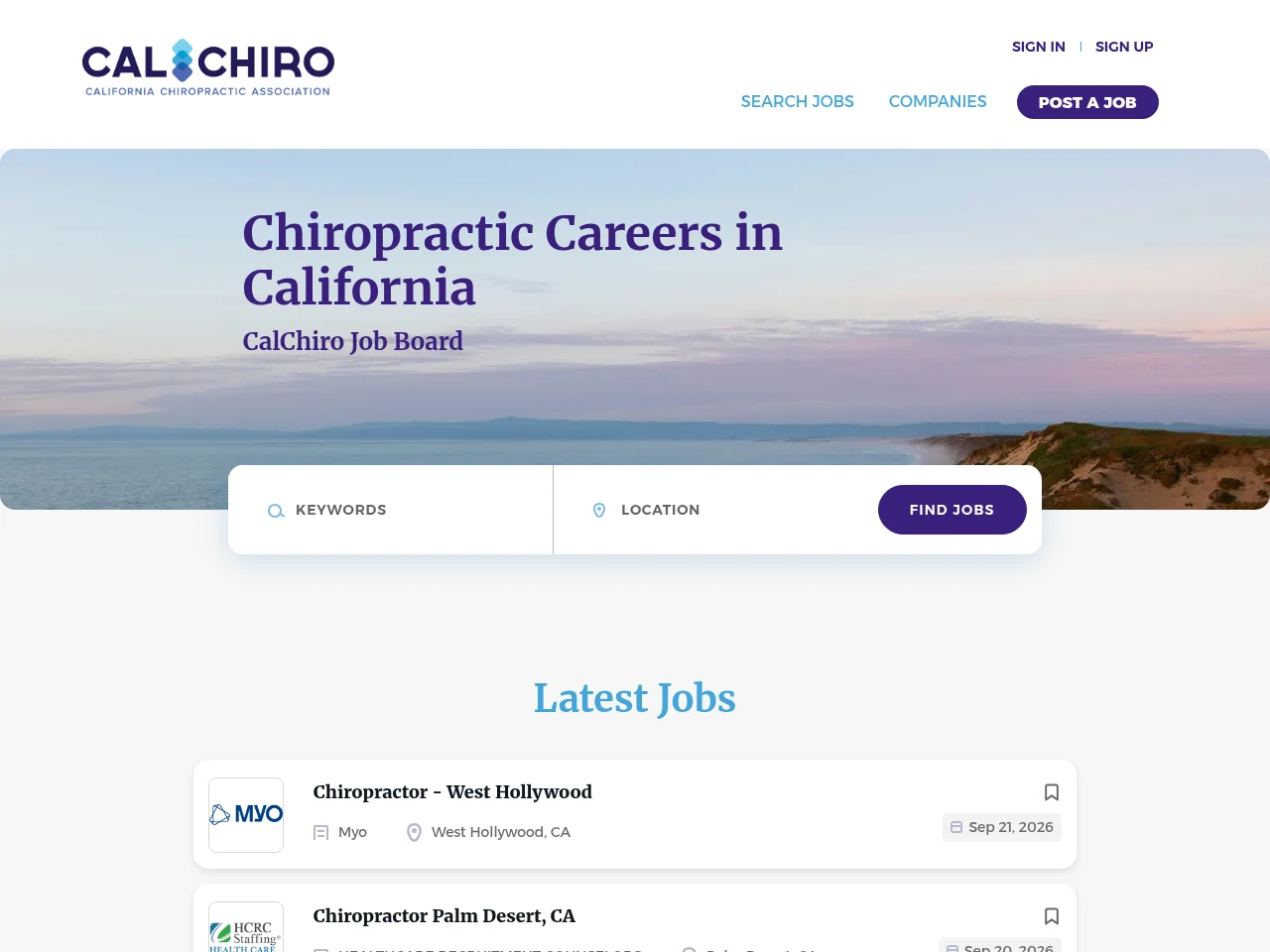 CalChiro Job Board screenshot CalChiro Job Board job board platform screenshot showing job search interface