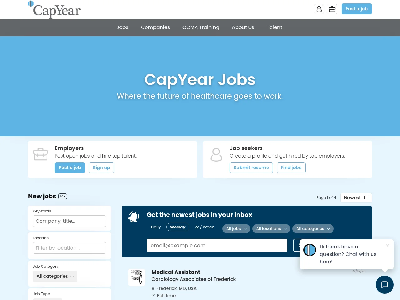 CapYear Jobs job board platform screenshot showing job search interface