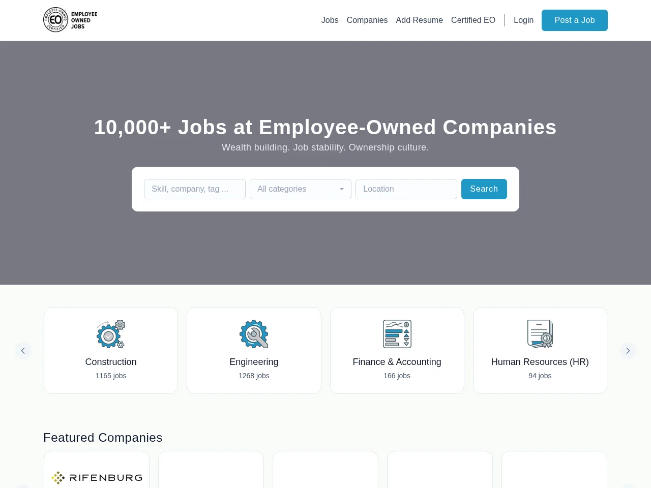 Employee-Owned Jobs screenshot Employee-Owned Jobs job board platform screenshot showing job search interface