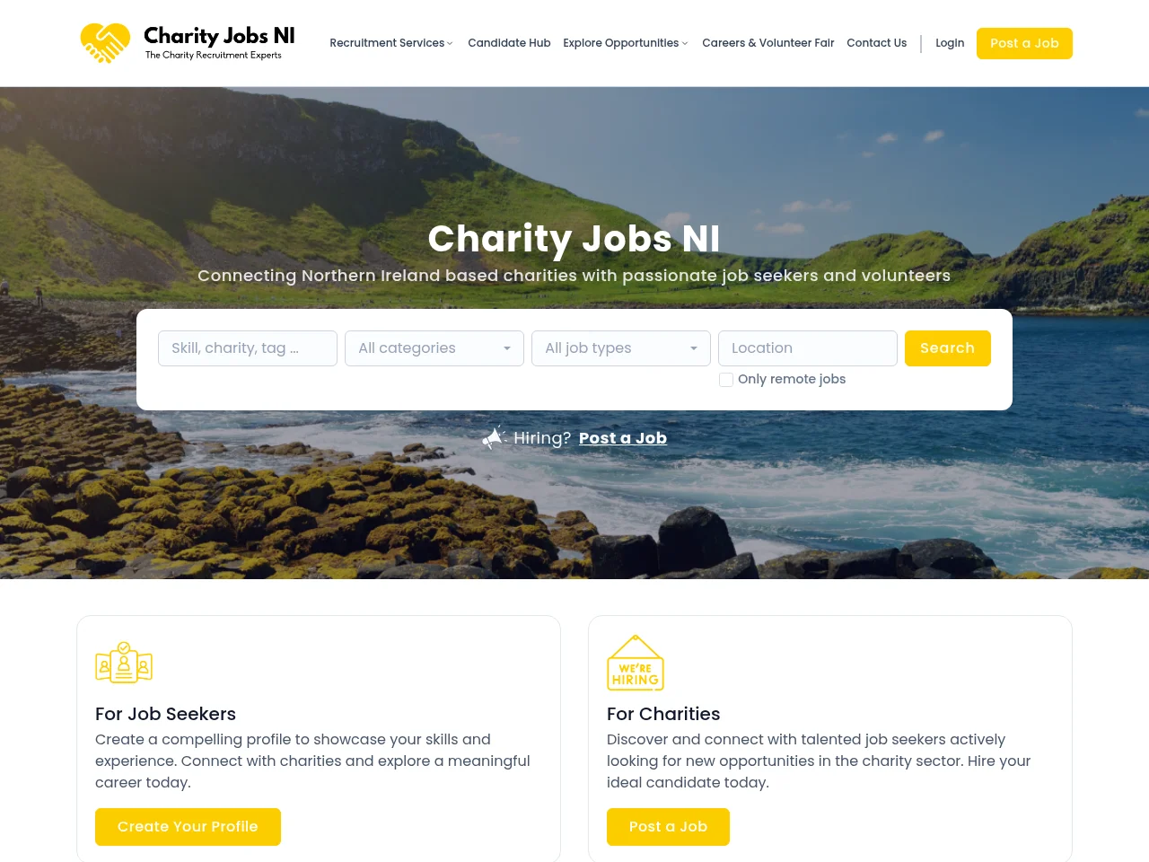Charity Jobs NI job board platform screenshot showing job search interface