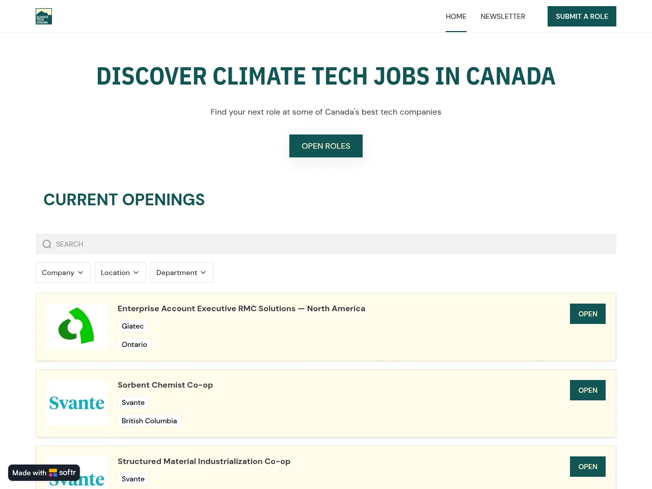 Climate Tech Jobs in Canada job board platform screenshot showing job search interface
