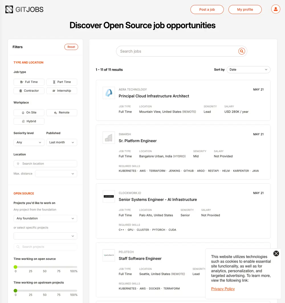 GitJobs screenshot GitJobs job board platform screenshot showing job search interface