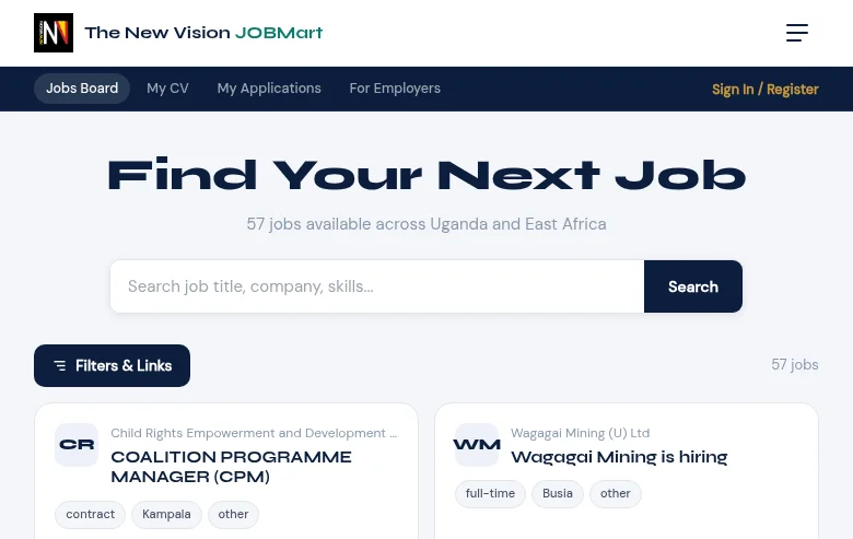 The New Vision JOBMart job board platform screenshot showing job search interface