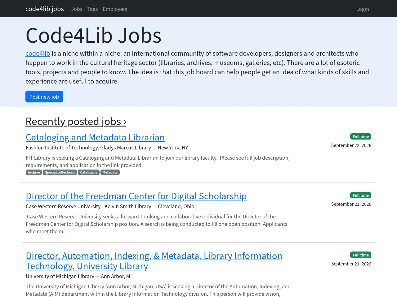 Code4Lib Job Board job board platform screenshot showing job search interface