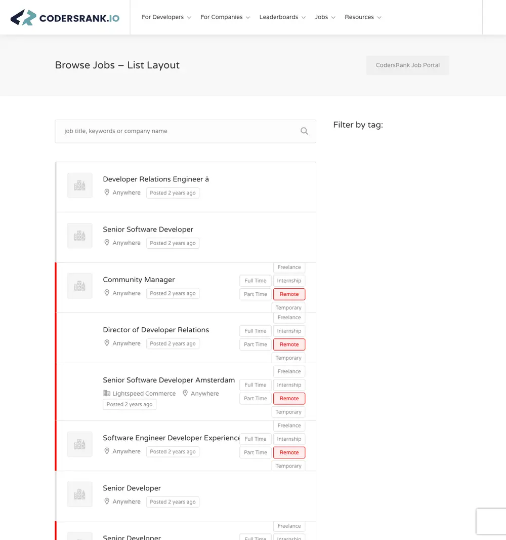 CodersRank Job Portal job board platform screenshot showing job search interface