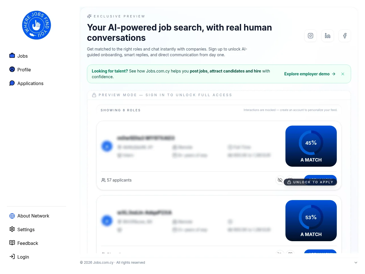 Jobs.com.cy job board platform screenshot showing job search interface