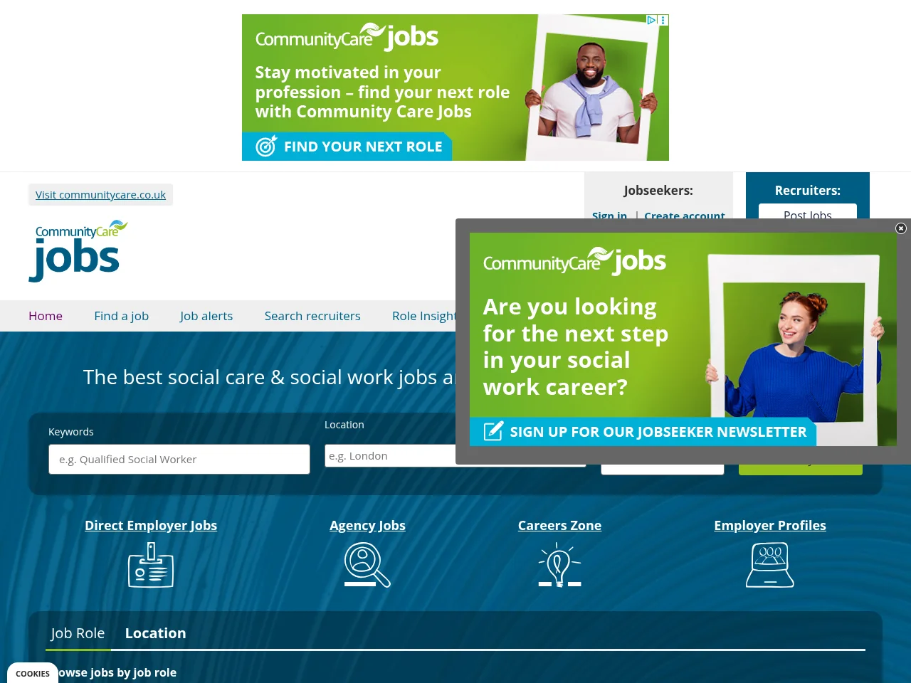 Community Care Jobs job board platform screenshot showing job search interface