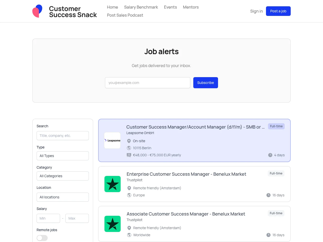 Customer Success Snack Jobs job board platform screenshot showing job search interface