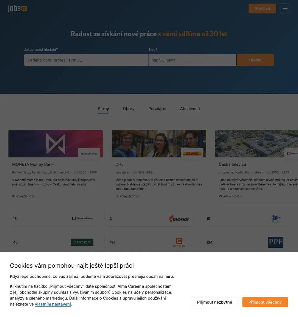 Jobs.cz screenshot Jobs.cz job board platform screenshot showing job search interface