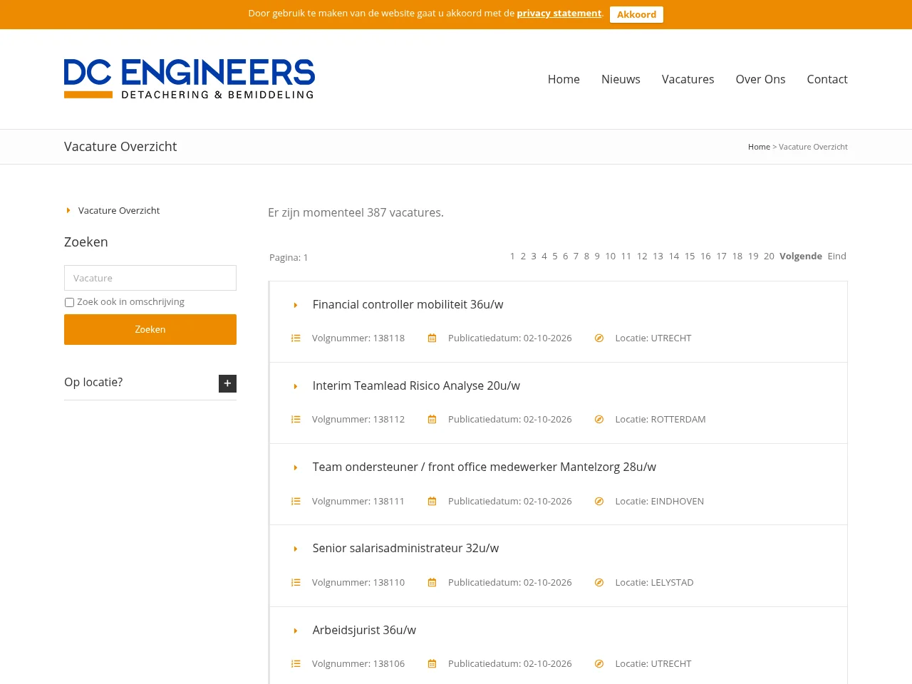 DC Engineers job board platform screenshot showing job search interface
