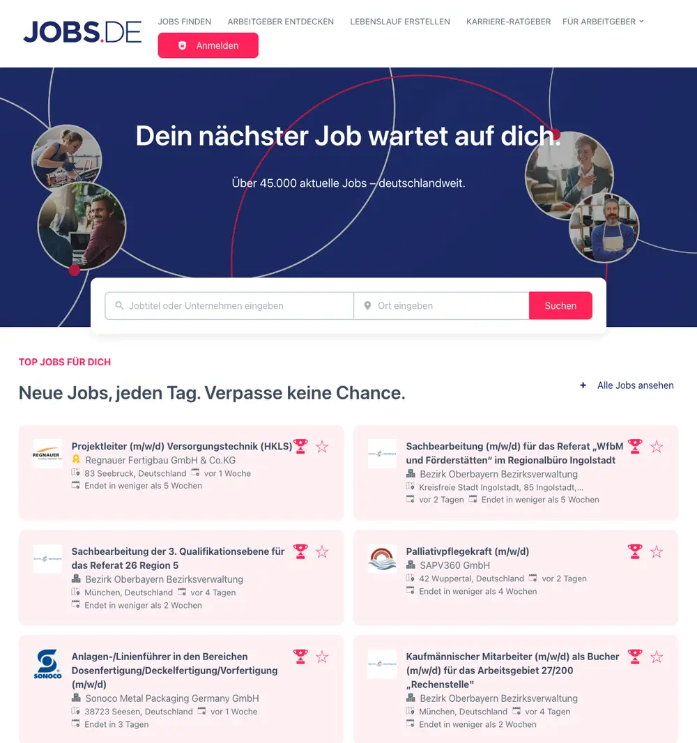 JOBS.DE job board platform screenshot showing job search interface