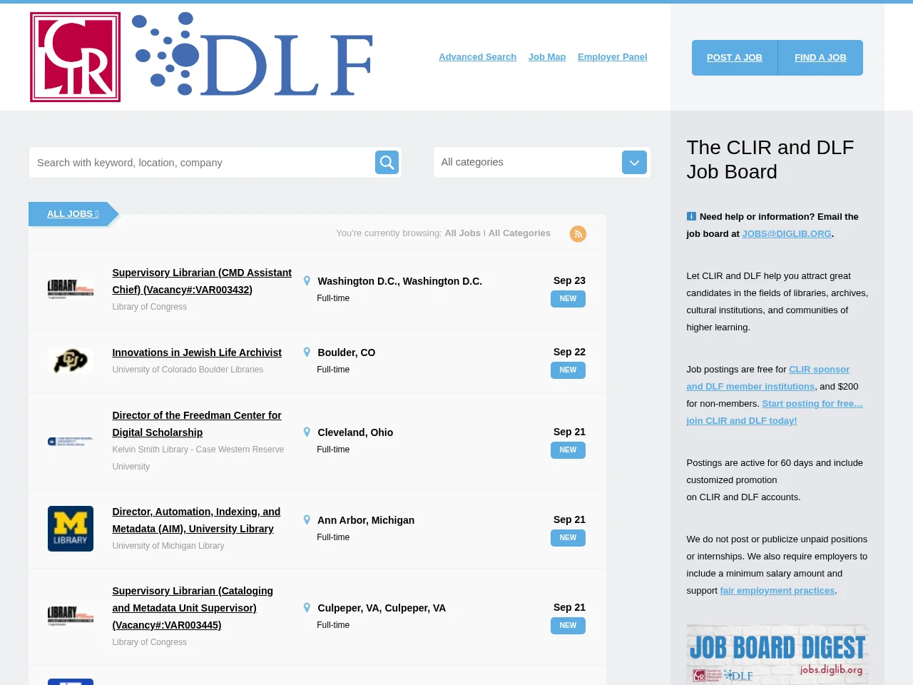 CLIR+DLF Job Board job board platform screenshot showing job search interface