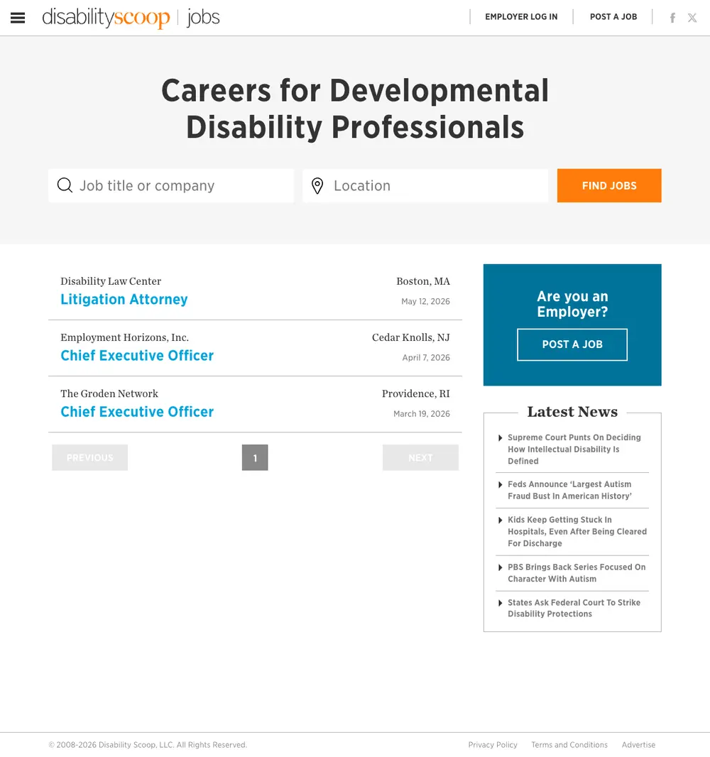 Disability Scoop Jobs job board platform screenshot showing job search interface