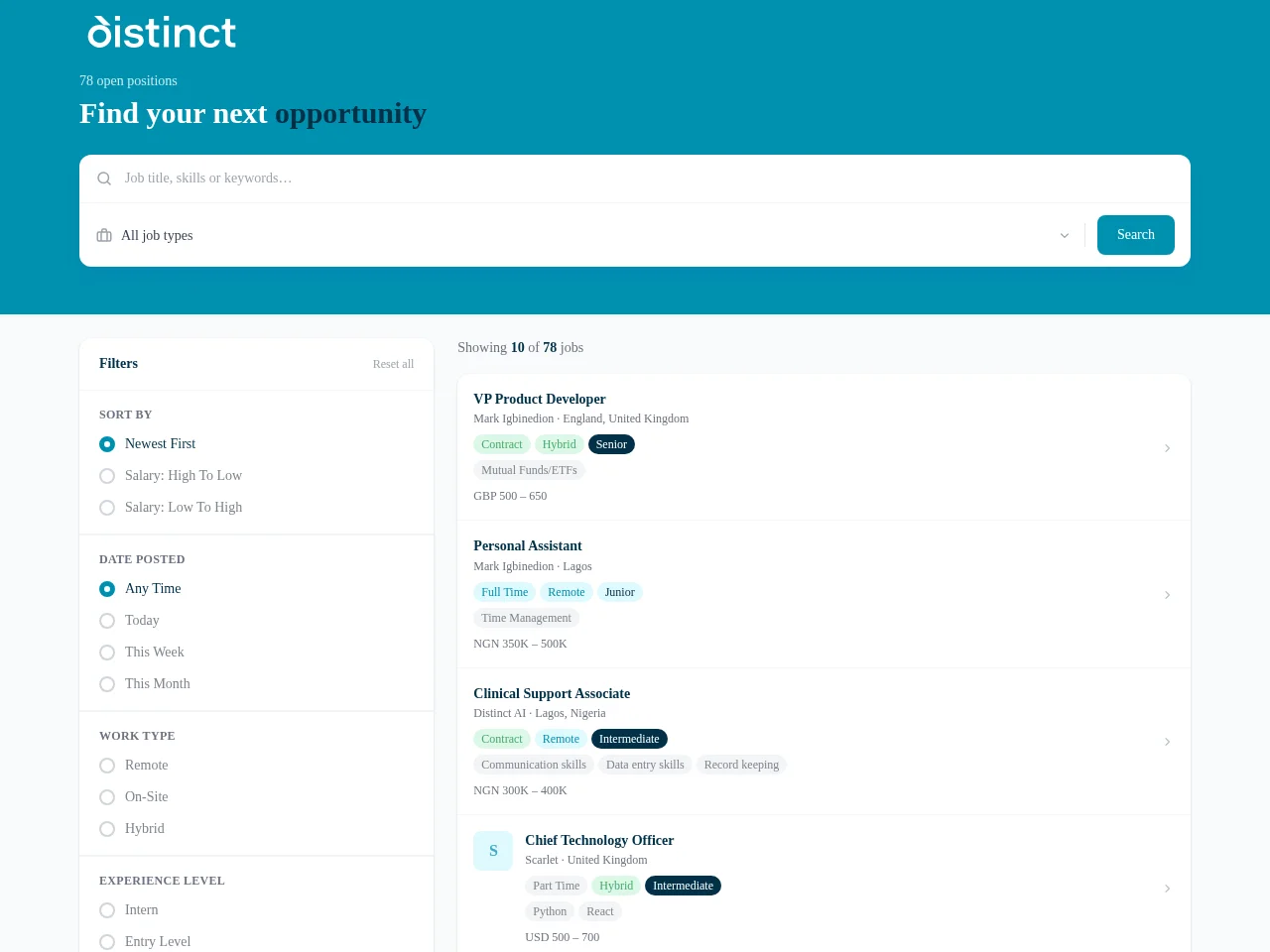 Distinct AI Job Board job board platform screenshot showing job search interface