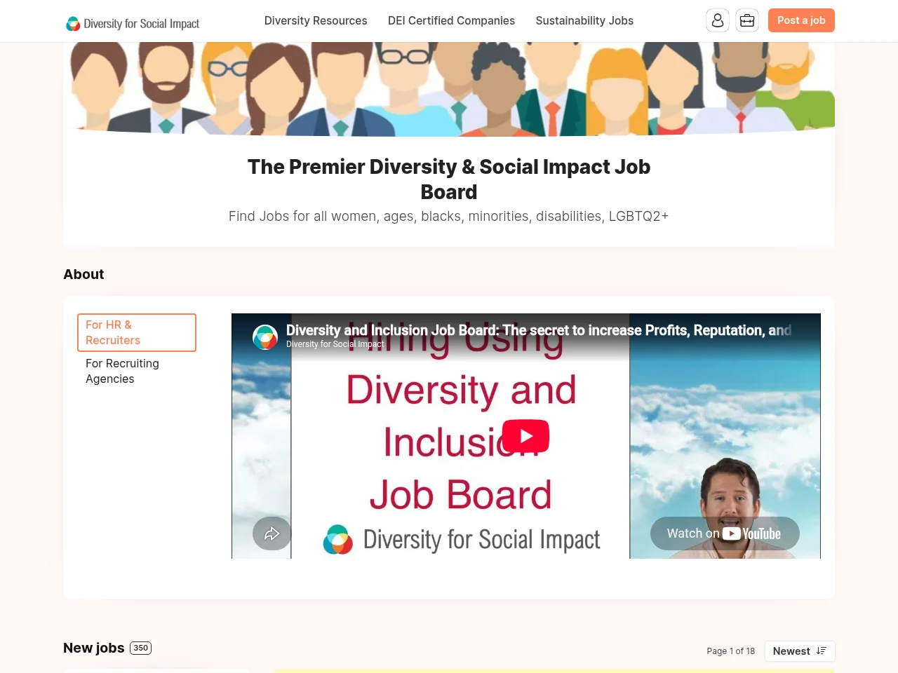 Diversity Social Impact Jobs job board platform screenshot showing job search interface