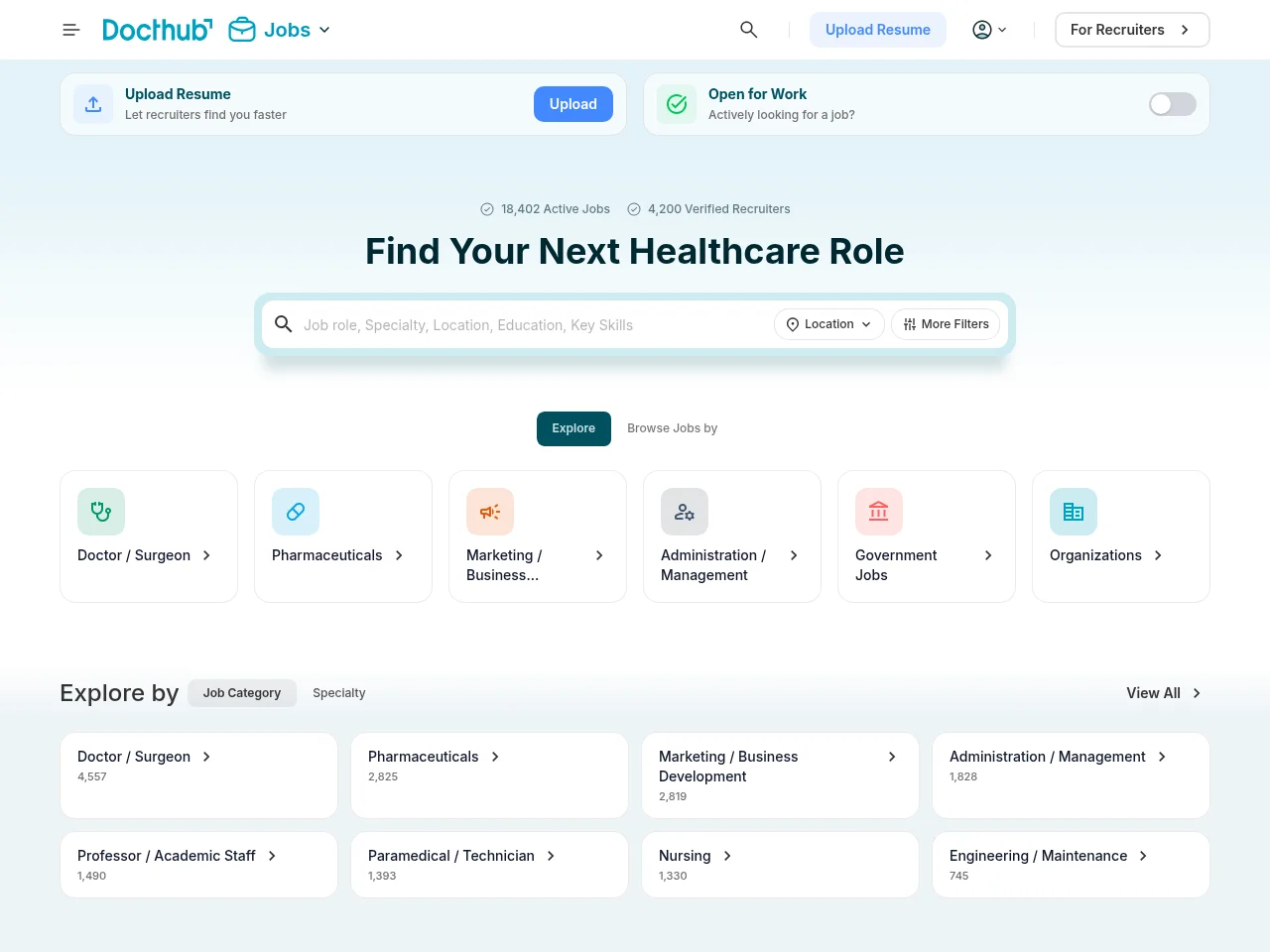 Docthub Jobs job board platform screenshot showing job search interface