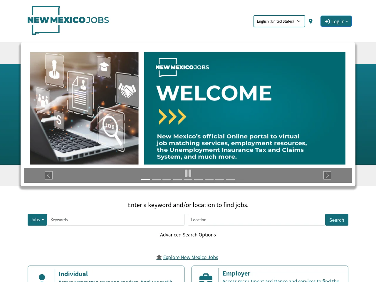 New Mexico Jobs job board platform screenshot showing job search interface