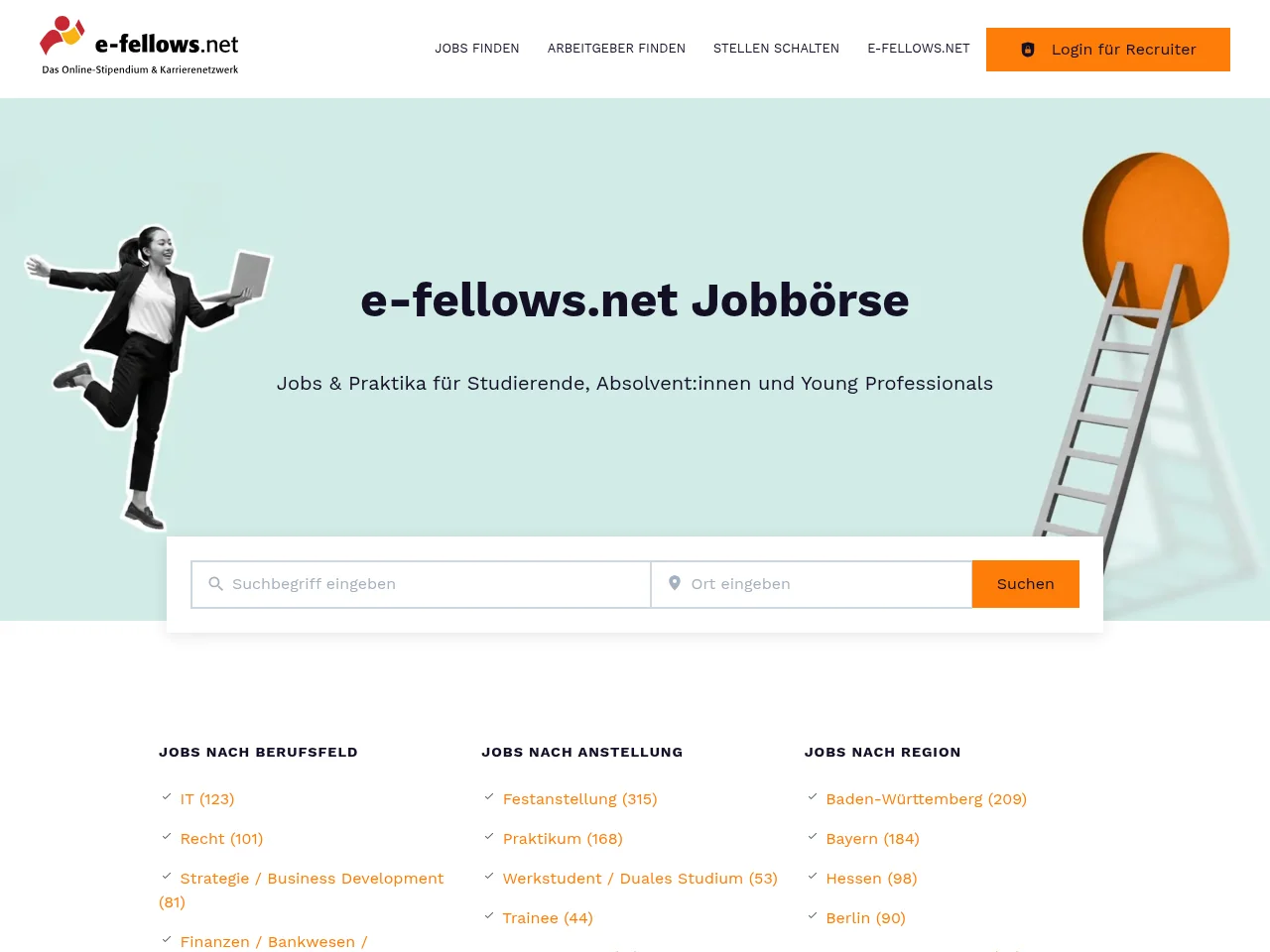 e-fellows.net Jobbörse job board platform screenshot showing job search interface
