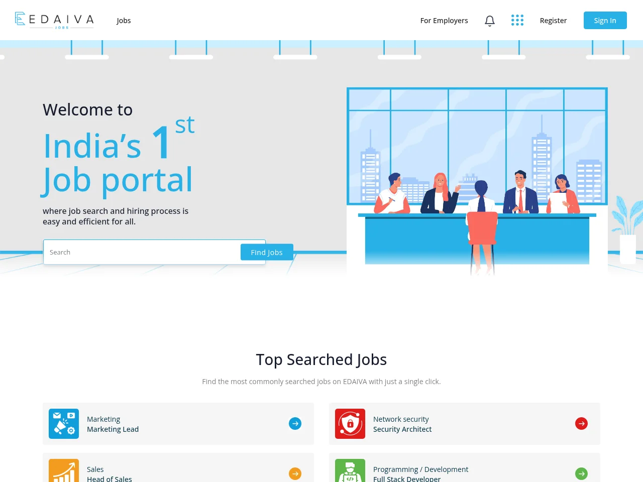 Edaiva Jobs job board platform screenshot showing job search interface