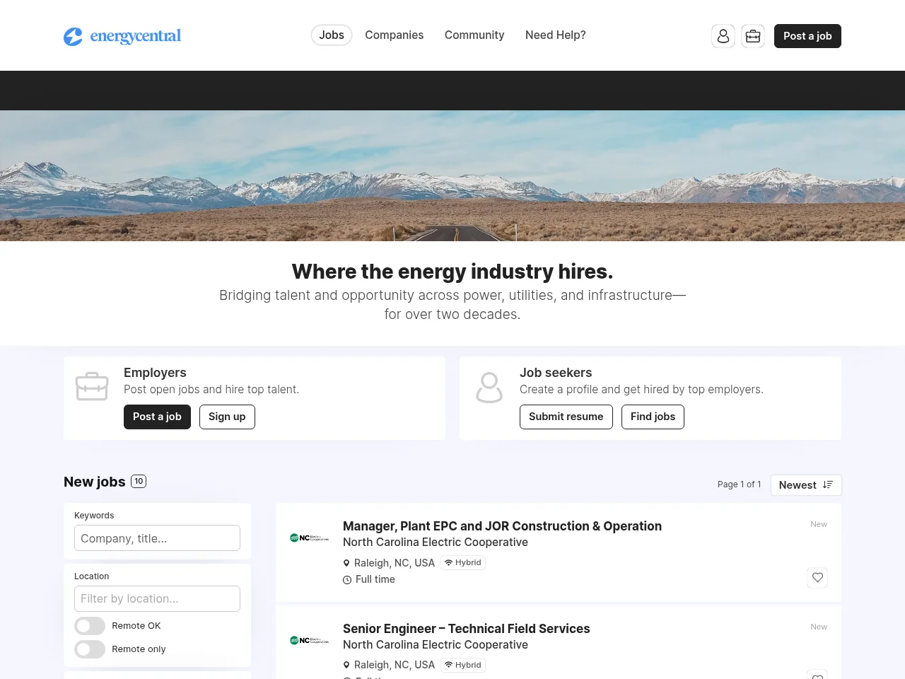 Energy Central Jobs job board platform screenshot showing job search interface