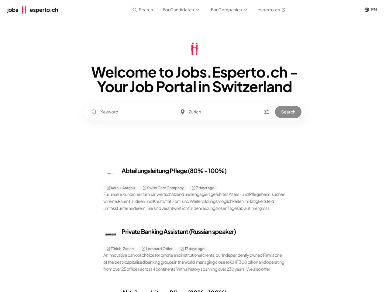 Jobs.Esperto.ch job board platform screenshot showing job search interface