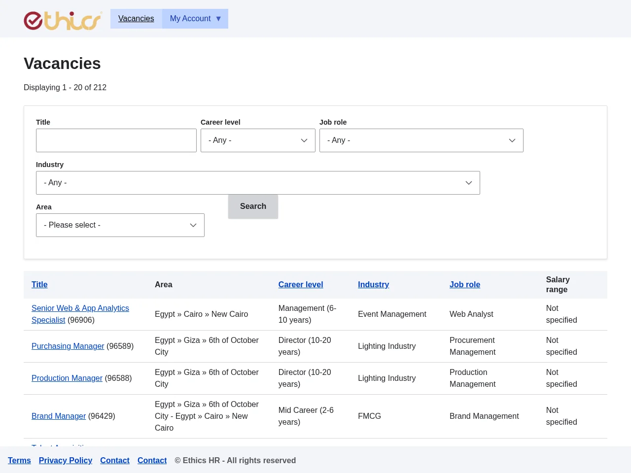 Ethics HR Job Portal job board platform screenshot showing job search interface