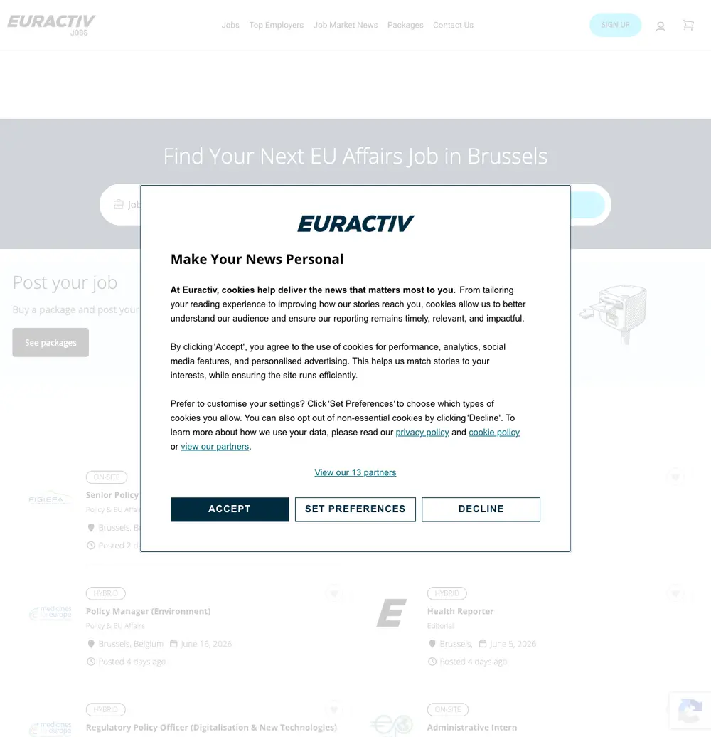 Euractiv Jobs screenshot Euractiv Jobs job board platform screenshot showing job search interface