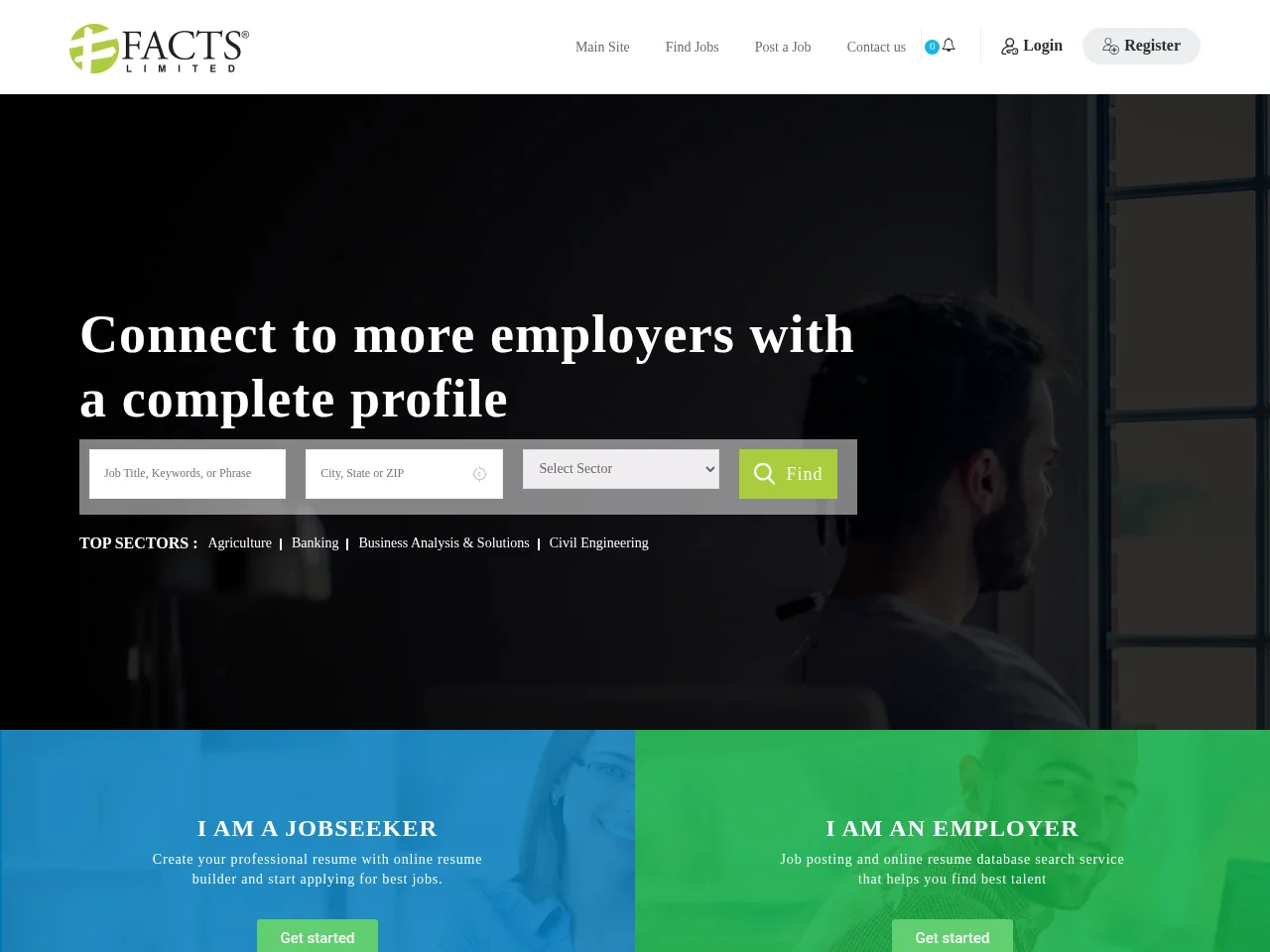 Facts Limited Jobs Portal job board platform screenshot showing job search interface