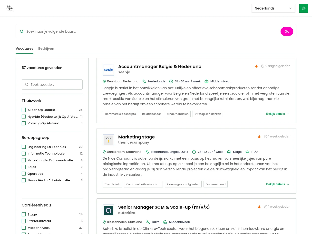hulp.work job board platform screenshot showing job search interface