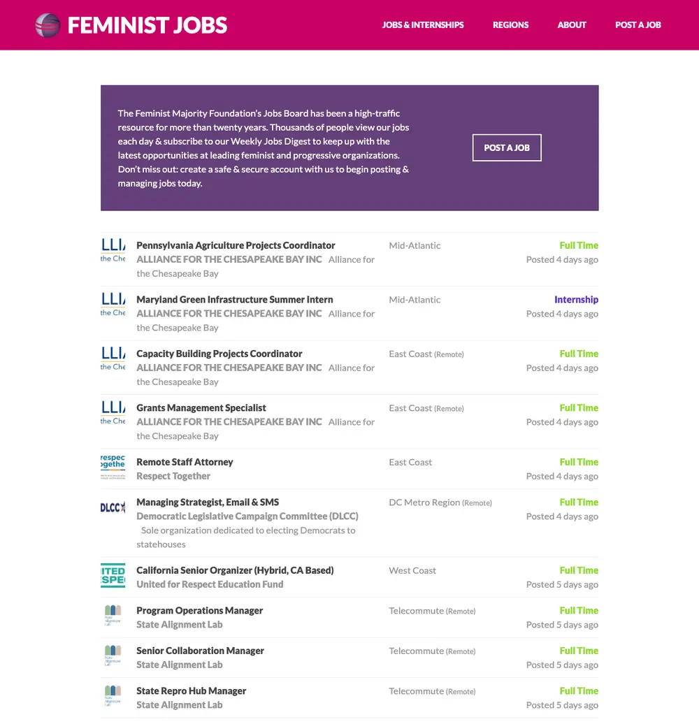 Feminist Jobs screenshot Feminist Jobs job board platform screenshot showing job search interface