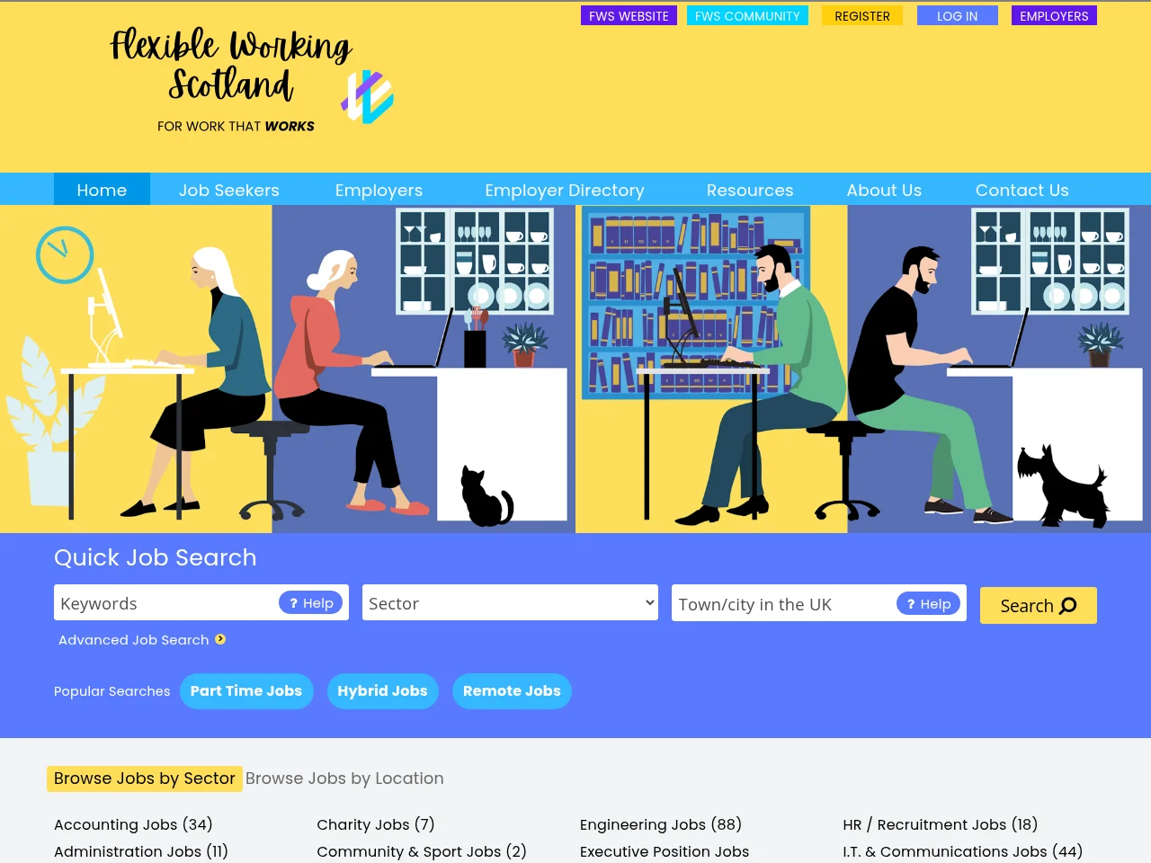 Flexible Working Scotland job board platform screenshot showing job search interface