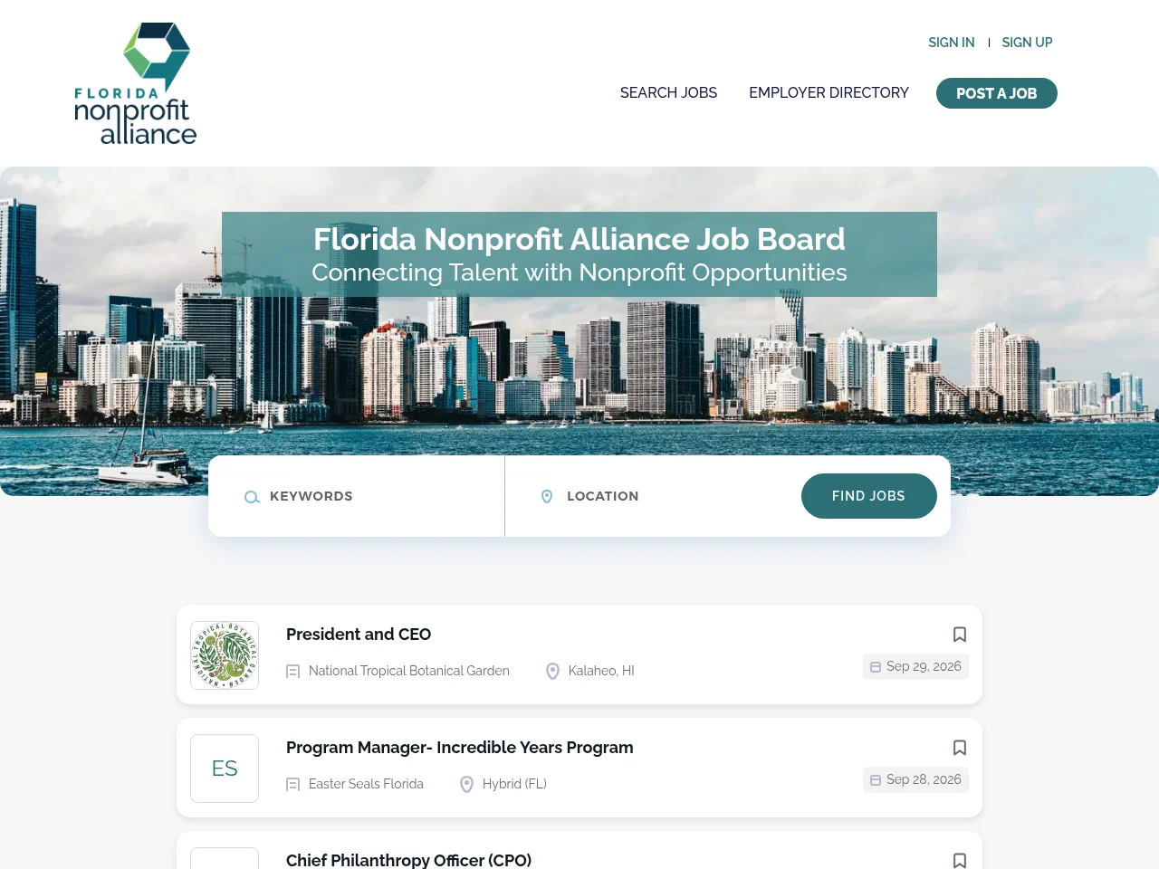 Florida Nonprofit Alliance Job Board job board platform screenshot showing job search interface