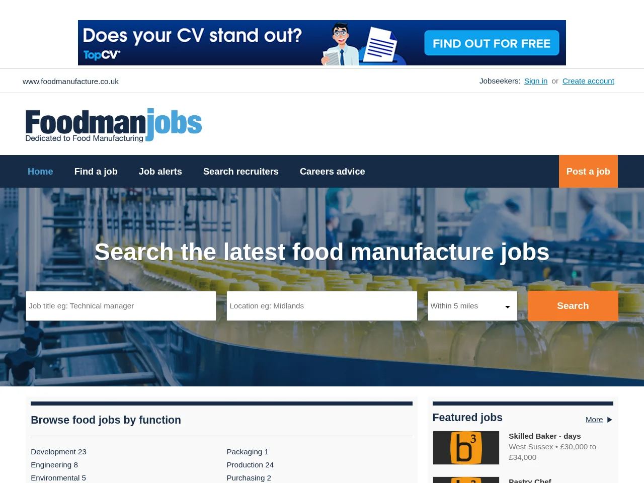 Foodmanjobs job board platform screenshot showing job search interface