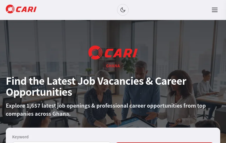 Cari Africa Ghana Jobs job board platform screenshot showing job search interface
