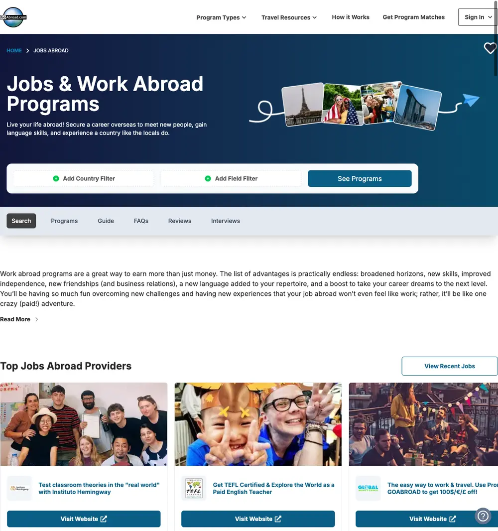 GoAbroad Jobs job board platform screenshot showing job search interface