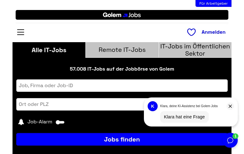 jobs.golem.de job board platform screenshot showing job search interface
