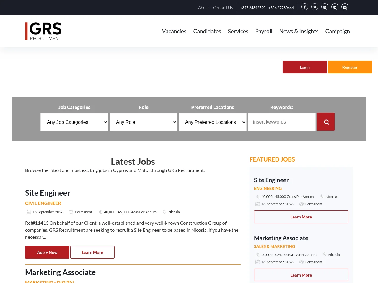 GRS Recruitment job board platform screenshot showing job search interface