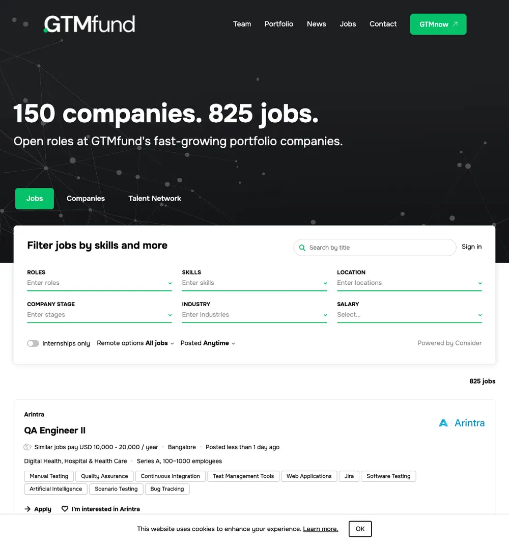GTMfund job board platform screenshot showing job search interface