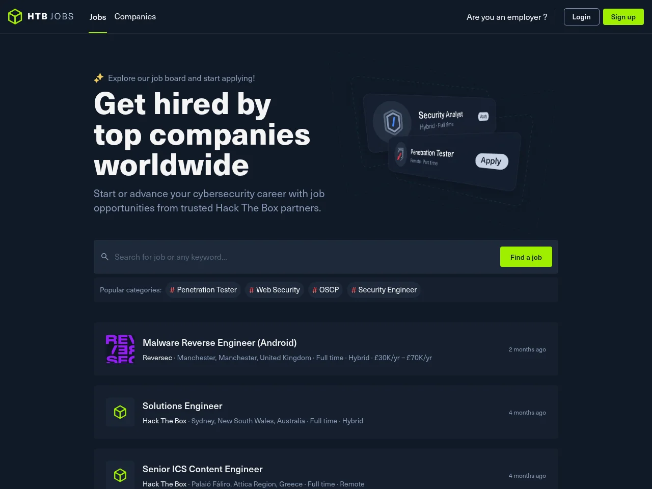 Jobs by Hack The Box job board platform screenshot showing job search interface