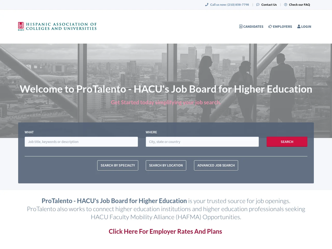 ProTalento - HACU's Job Board for Higher Education job board platform screenshot showing job search interface